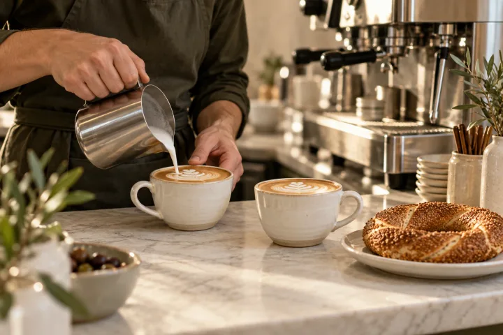 A barista preparing coffee in ivory cups beside simit on a clean modern cafe counter