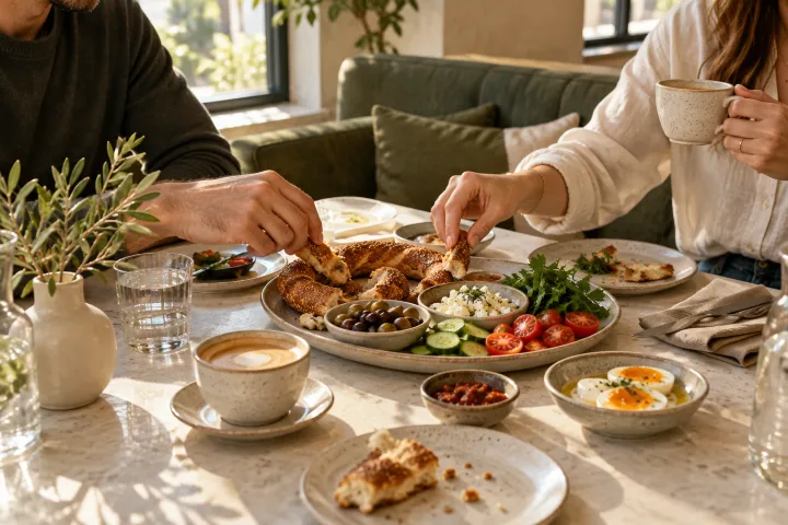 Friends sharing simit, eggs, fresh vegetables and coffee at a sunlit stone cafe table