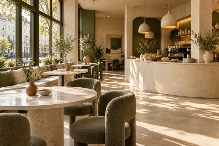 Warm daylight across pale stone tables and olive seating in a contemporary cream cafe interior