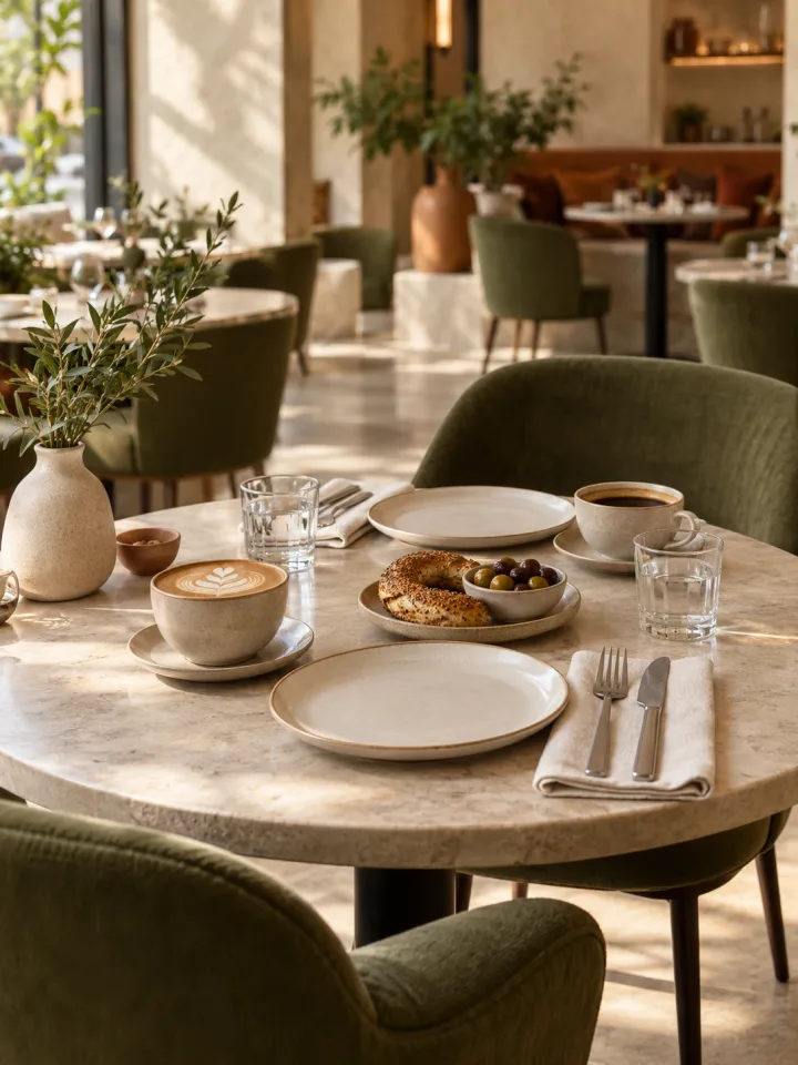 A sunlit stone café table set for two with ivory ceramics, coffee and olive upholstered chairs