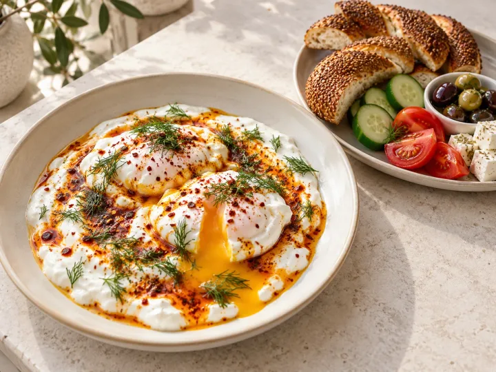 Turkish poached eggs with yogurt and paprika butter, served with simit, vegetables, olives and cheese