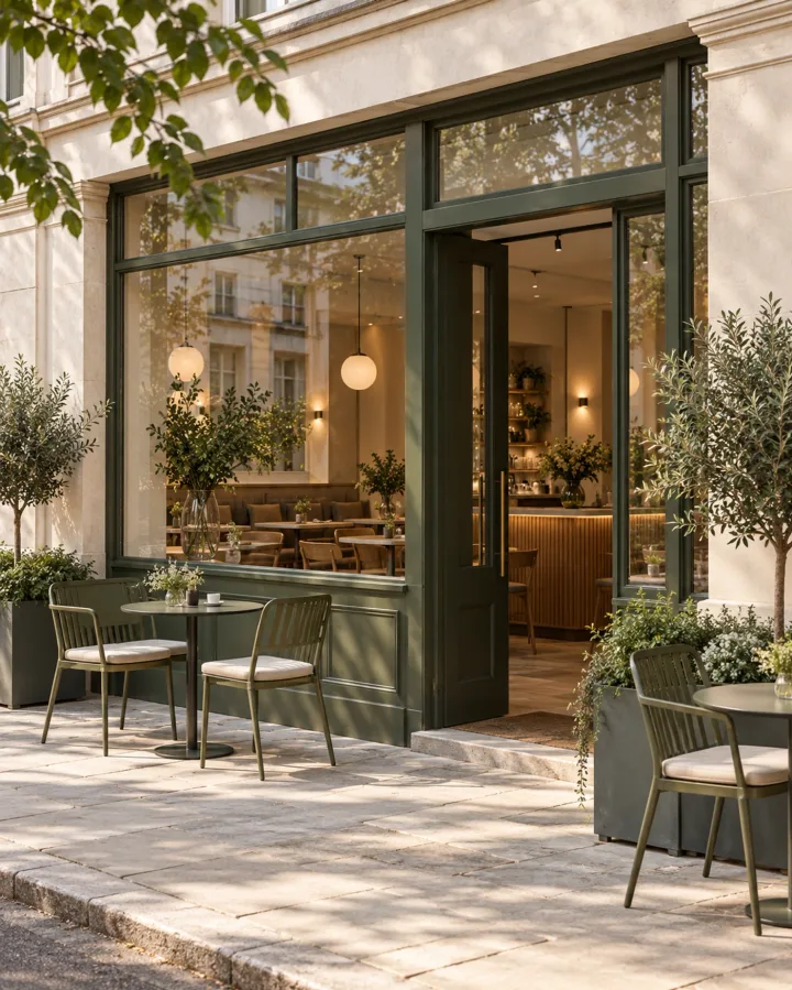 Concept image of a modern cafe exterior with olive green windows and outdoor seating; not the actual Istanbul location
