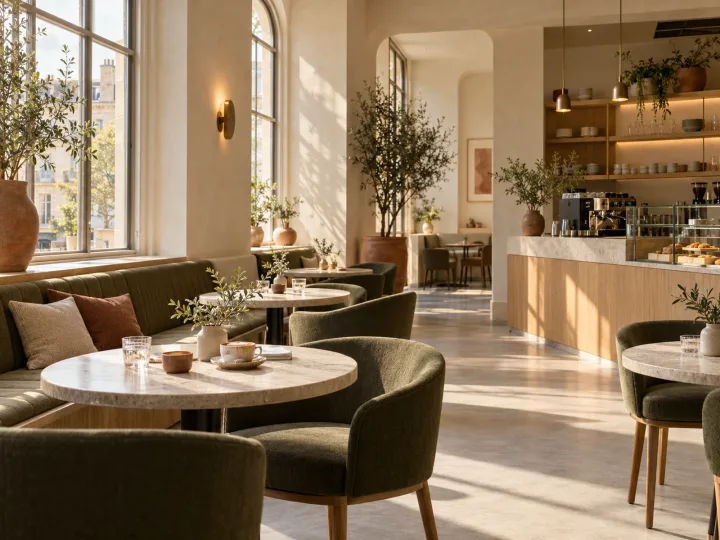 Sunlit contemporary cafe seating with olive chairs, light stone tables and warm cream finishes