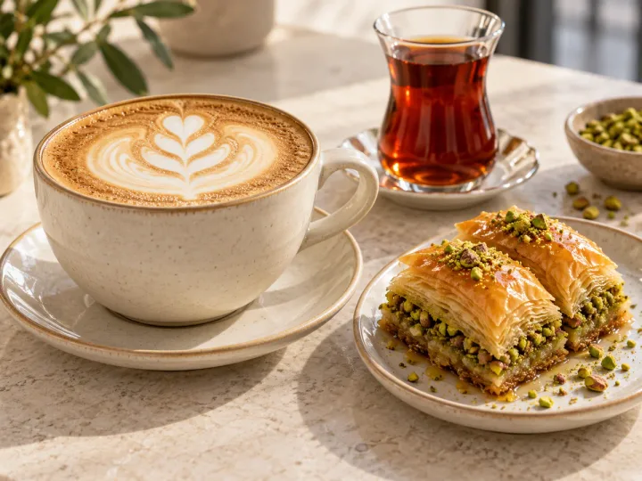 Cappuccino, pistachio baklava and Turkish tea on a light stone tabletop