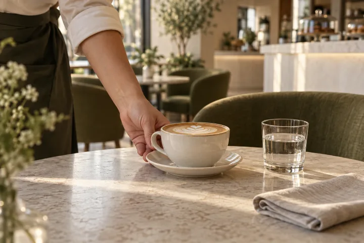 A hand serving cappuccino in an ivory ceramic cup at a sunlit contemporary cafe table