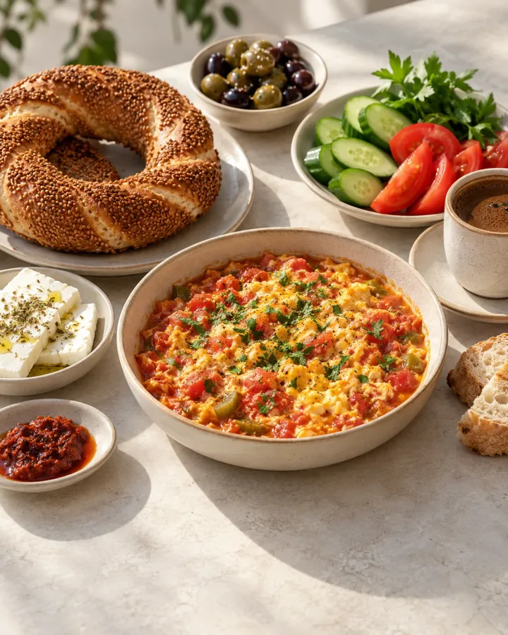 Turkish brunch with menemen, sesame simit, olives, fresh vegetables and coffee on ceramic plates over light stone