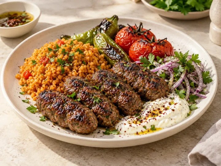 Grilled kofte with bulgur, roasted tomatoes, peppers and fresh herbs on an ivory ceramic plate